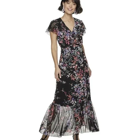 ❤️345 APT. 9 Floral Ruffled Wrap Short Sleeve Black Maxi Dress - Picture 1 of 9